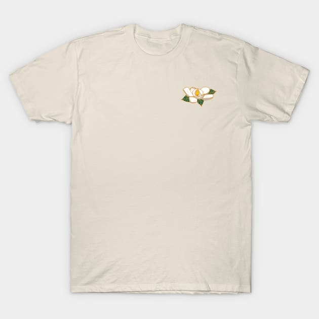 Farmhouse Floral White Magnolia Flower with Green Botanical Leaves and Gold Copper Outline T-Shirt by Little Shop of Nola